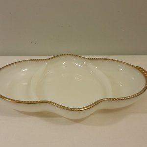 Vintage Fire-King Oven Ware Divided Serving Dish White Milk Glass Gold Trim